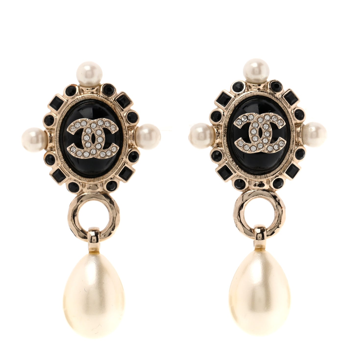 Resin Crystal Pearl CC Drop Earrings Gold Black