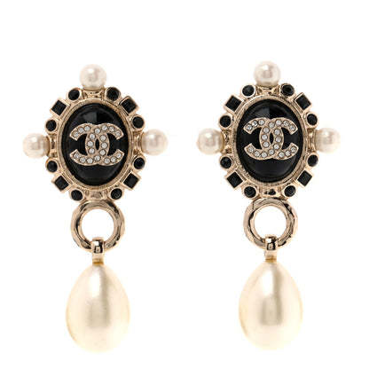 Chanel Resin Crystal Pearl CC Drop Earrings Gold Black 1 of 5