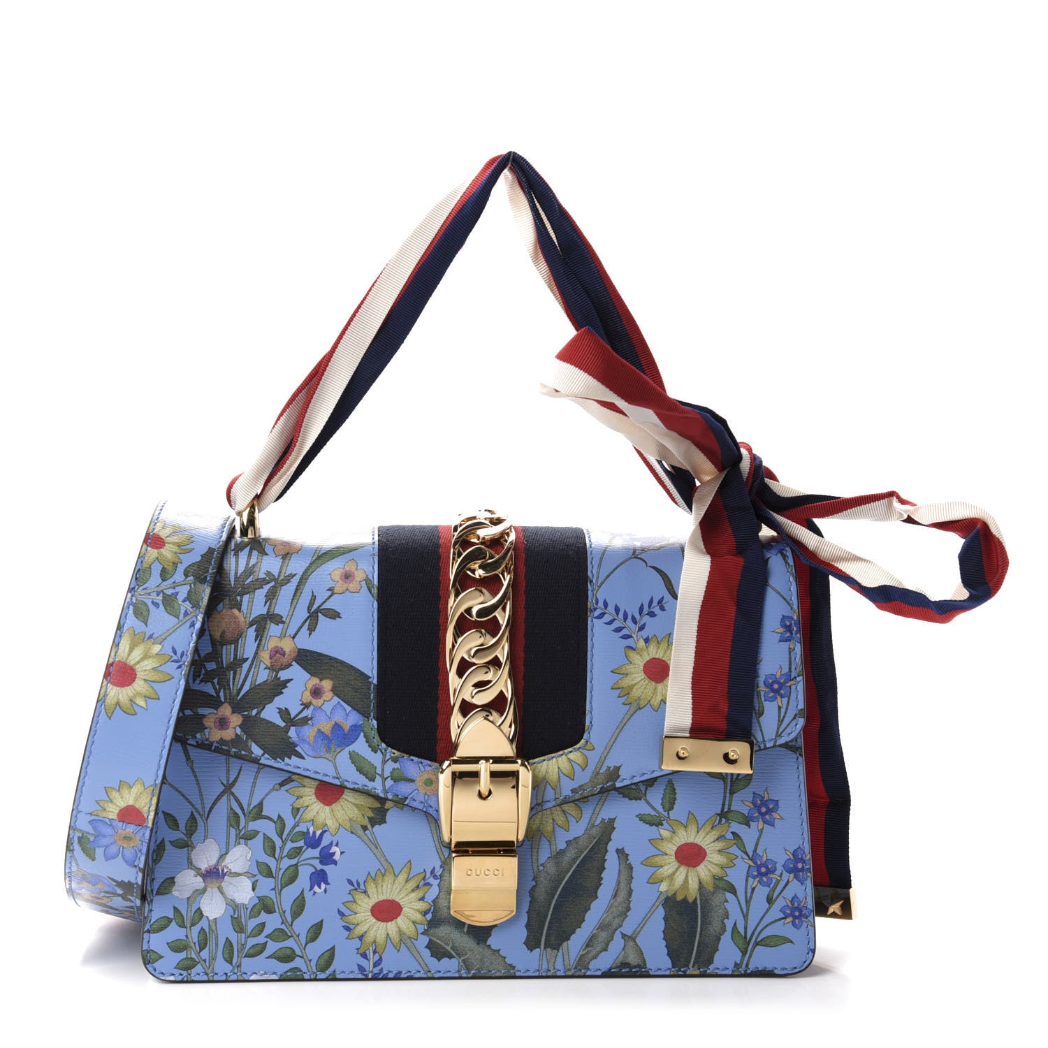 Gucci Shangai Calfskin Web New Flora Small Sylvie Shoulder Bag Azure 1 of 10