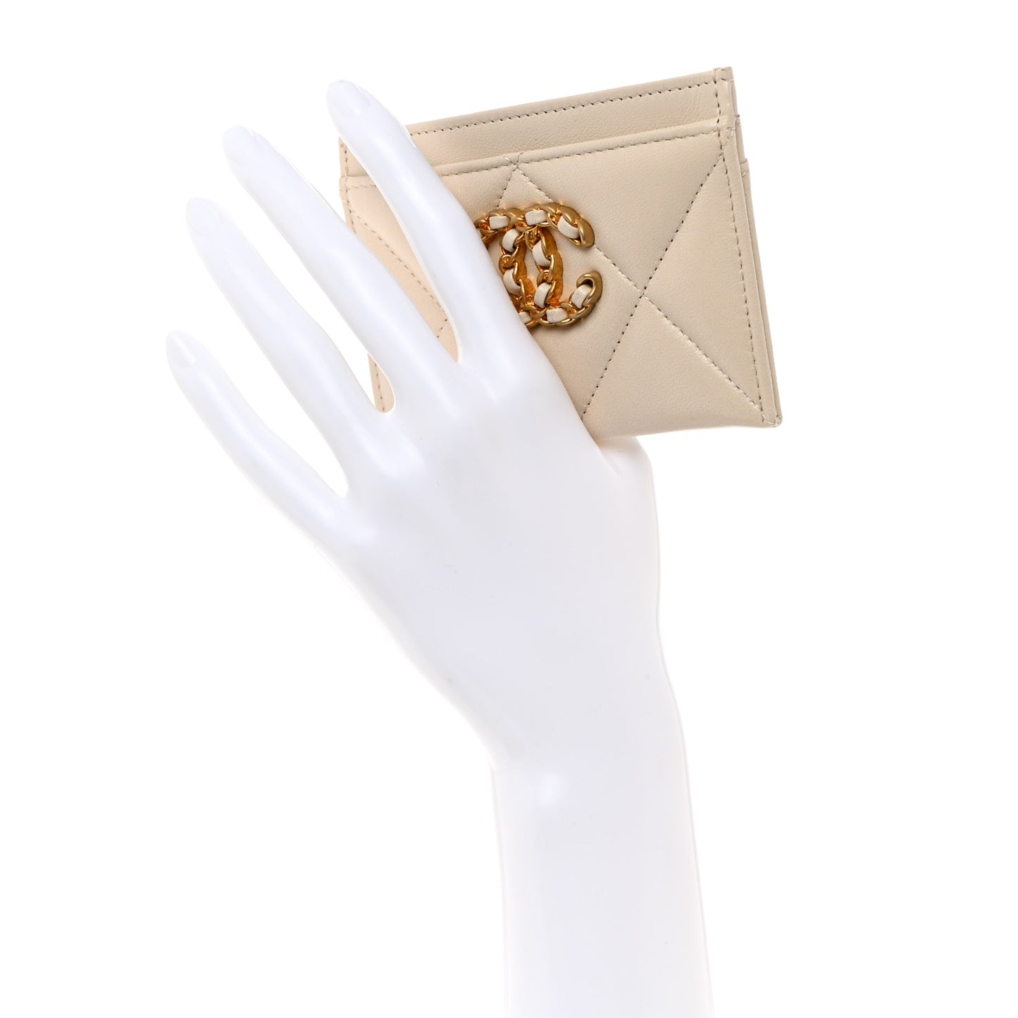 Lambskin Quilted Chanel 19 Card Holder Light Beige