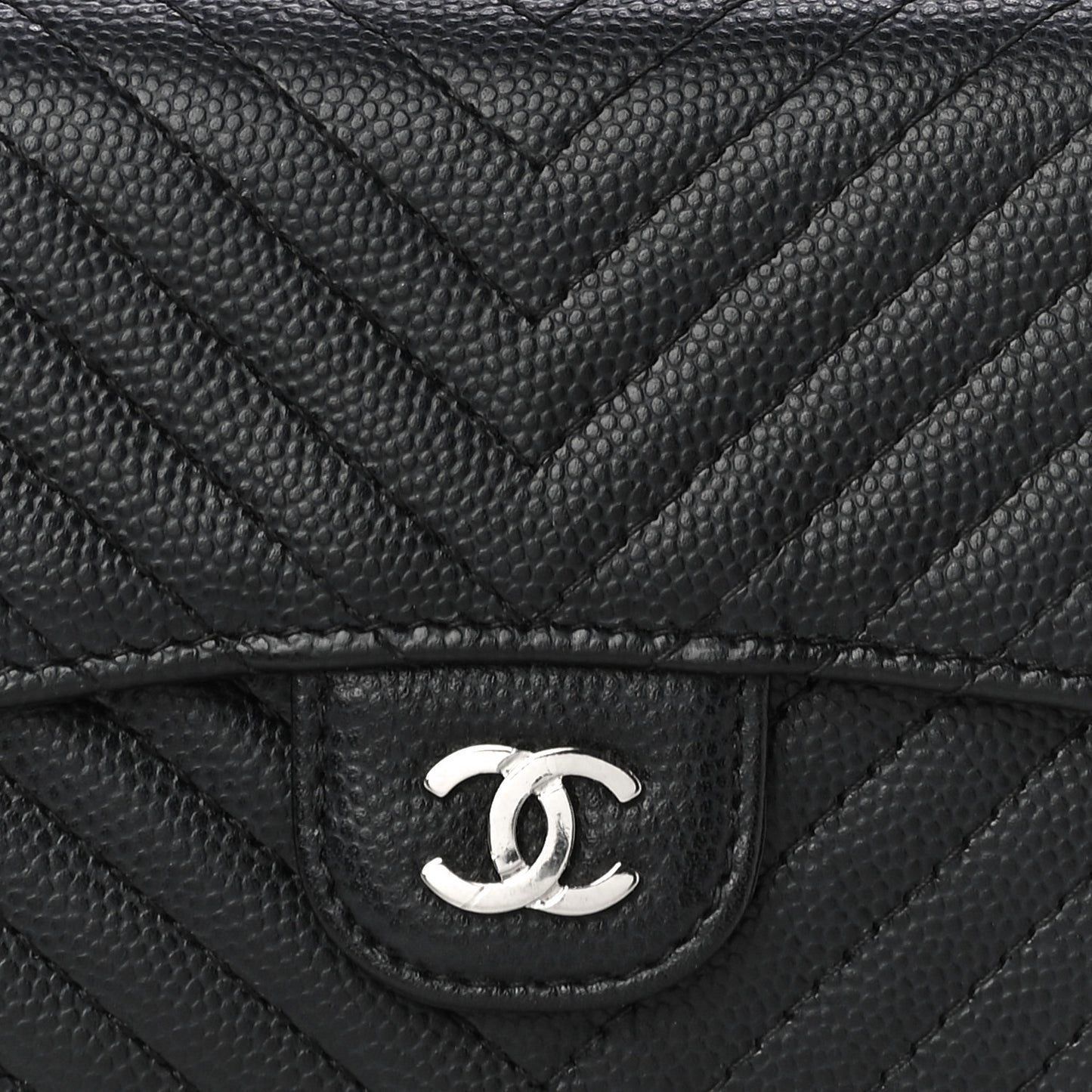 Caviar Chevron Quilted Compact Flap Wallet Black