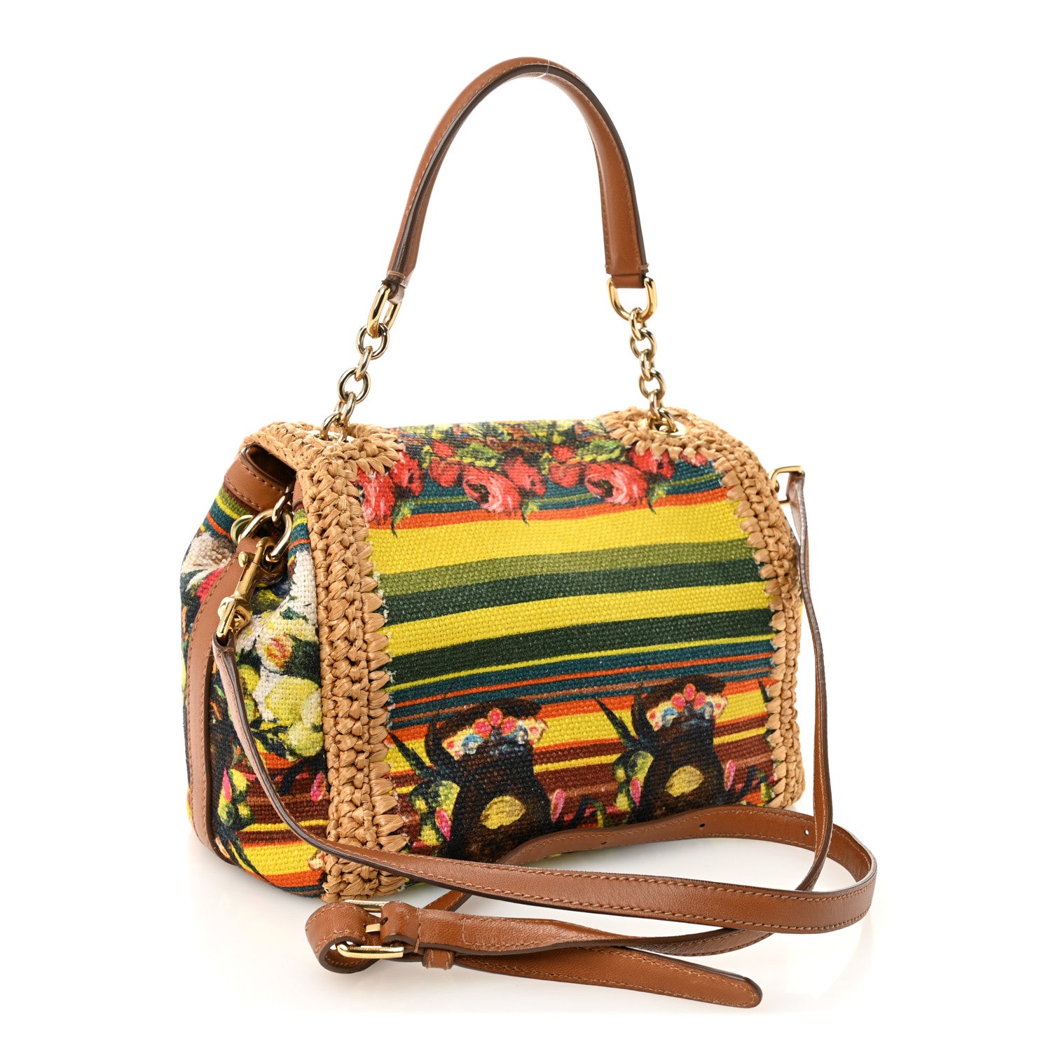 Dolce & Gabbana Raffia Crochet Embroidered Padlock Flap Satchel Beige Multicolor 3 of 12
