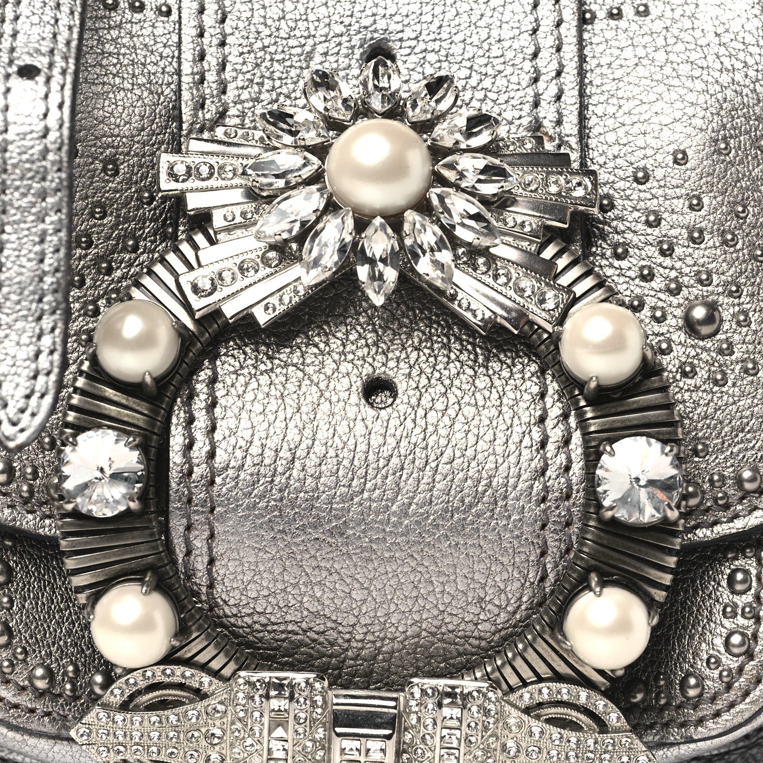 Miu Miu Goatskin Madras Soft Calfskin Crystal Embellished Dahlia Shoulder Bag Chrome 8 of 13