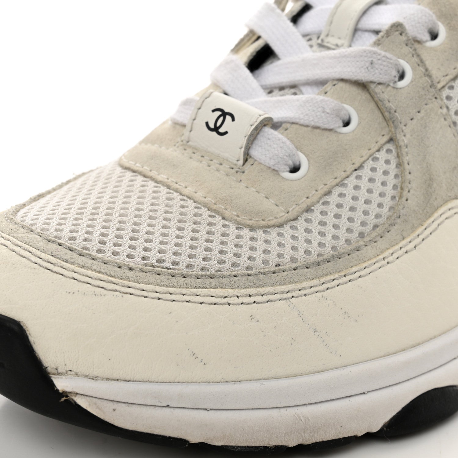 Chanel Mesh Suede Calfskin Grained Calfskin Womens CC Sneakers 38 White Black 8 of 8