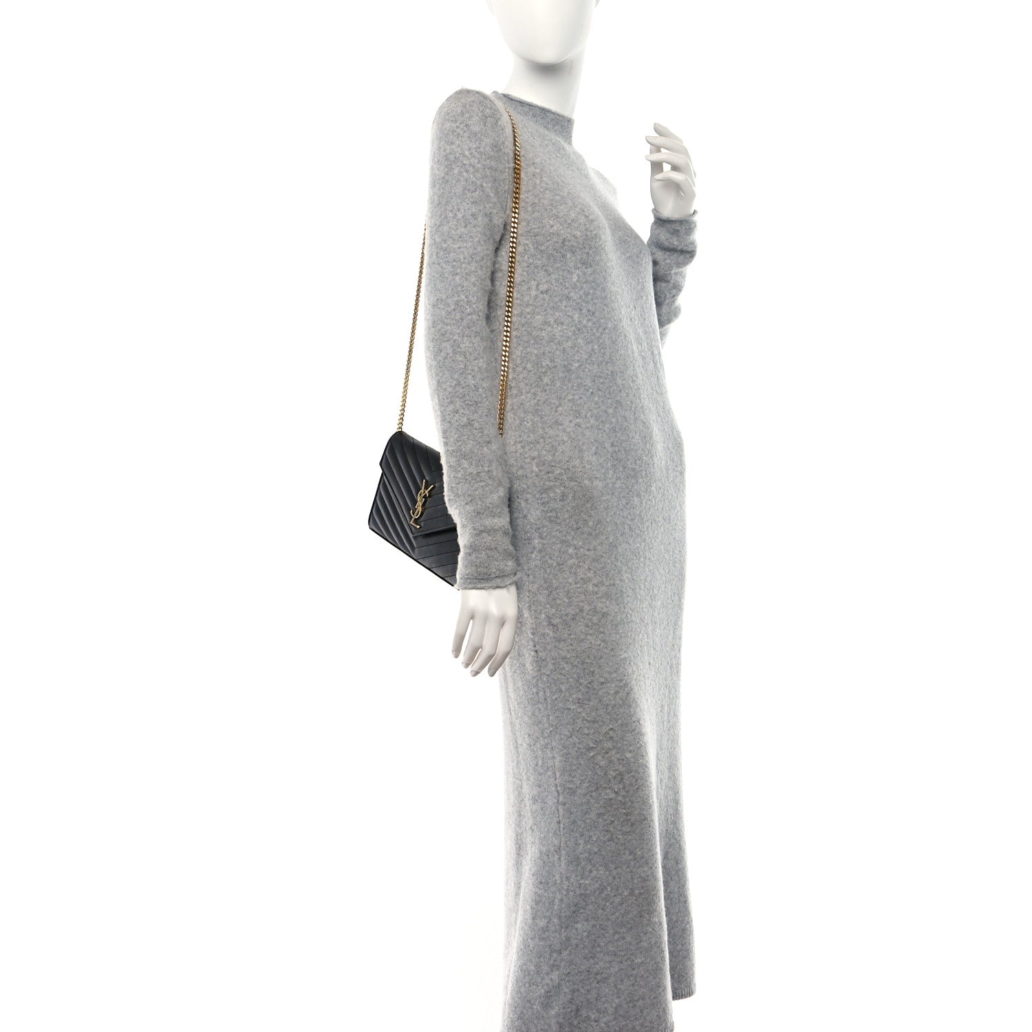 Saint Laurent Grain De Poudre Matelasse Chevron Monogram Chain Wallet Black 2 of 12