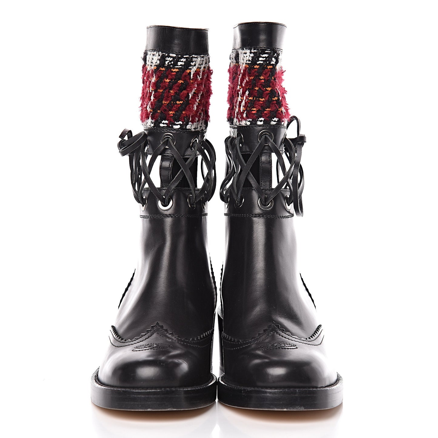 Tweed Calfskin Lace Up Short Boots 37 Black White Burgundy