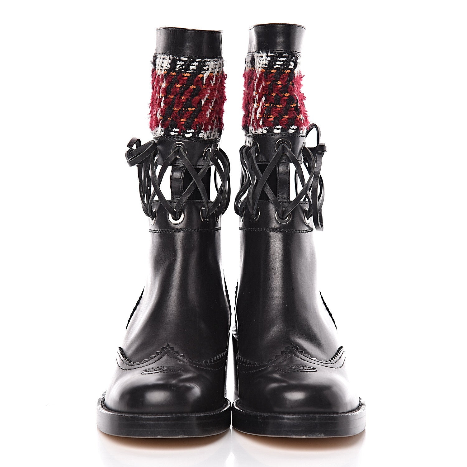 Chanel Tweed Calfskin Lace Up Short Boots 37 Black White Burgundy 2 of 8