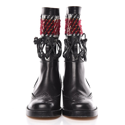 Chanel Tweed Calfskin Lace Up Short Boots 37 Black White Burgundy 2 of 8
