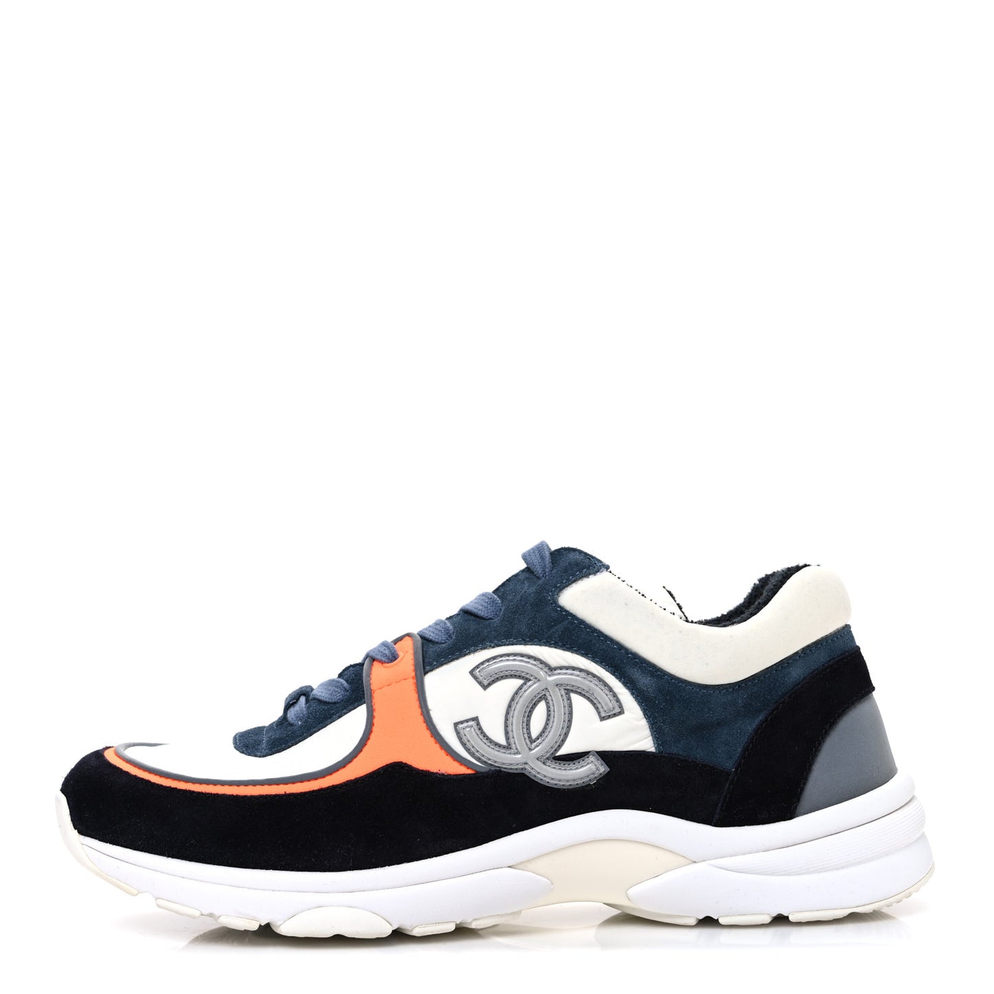 Nylon Calfskin Suede CC Womens Sneakers 40 Navy White Orange