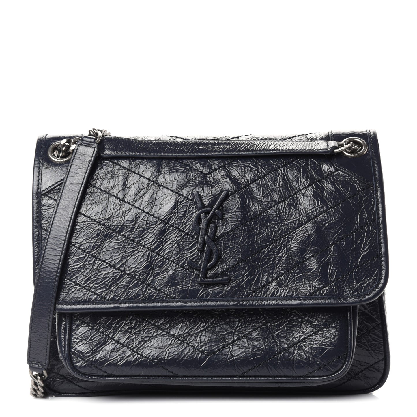 Crinkled Calfskin Matelasse Monogram Medium Niki Chain Satchel Deep Marine
