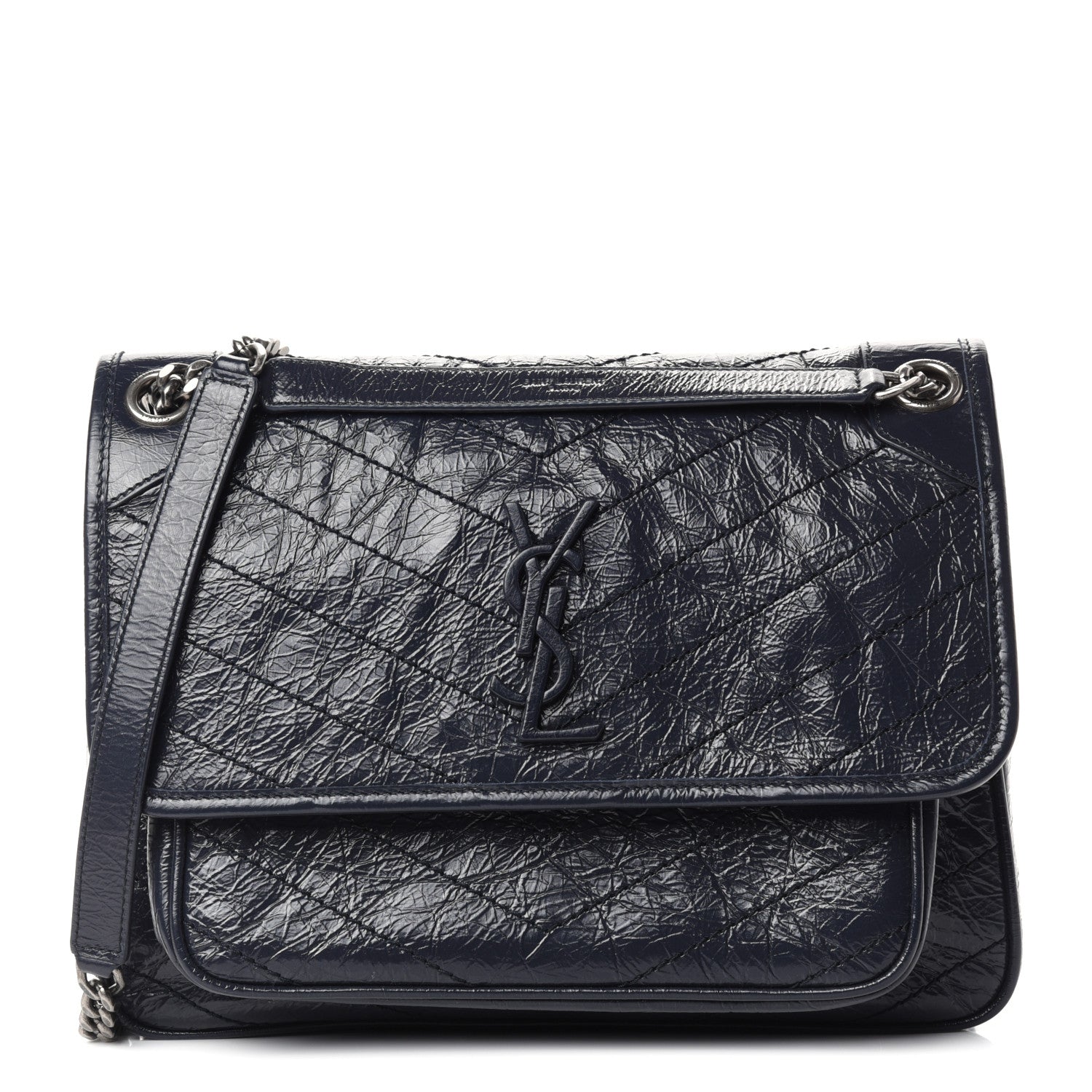 Saint Laurent Crinkled Calfskin Matelasse Monogram Medium Niki Chain Satchel Deep Marine 1 of 9