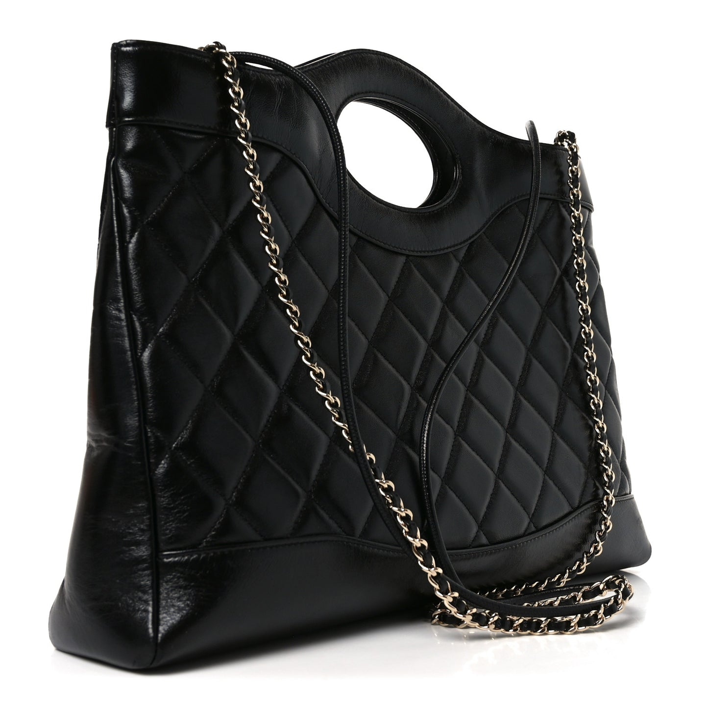 Shiny Lambskin Quilted 31 Shopping Bag Black