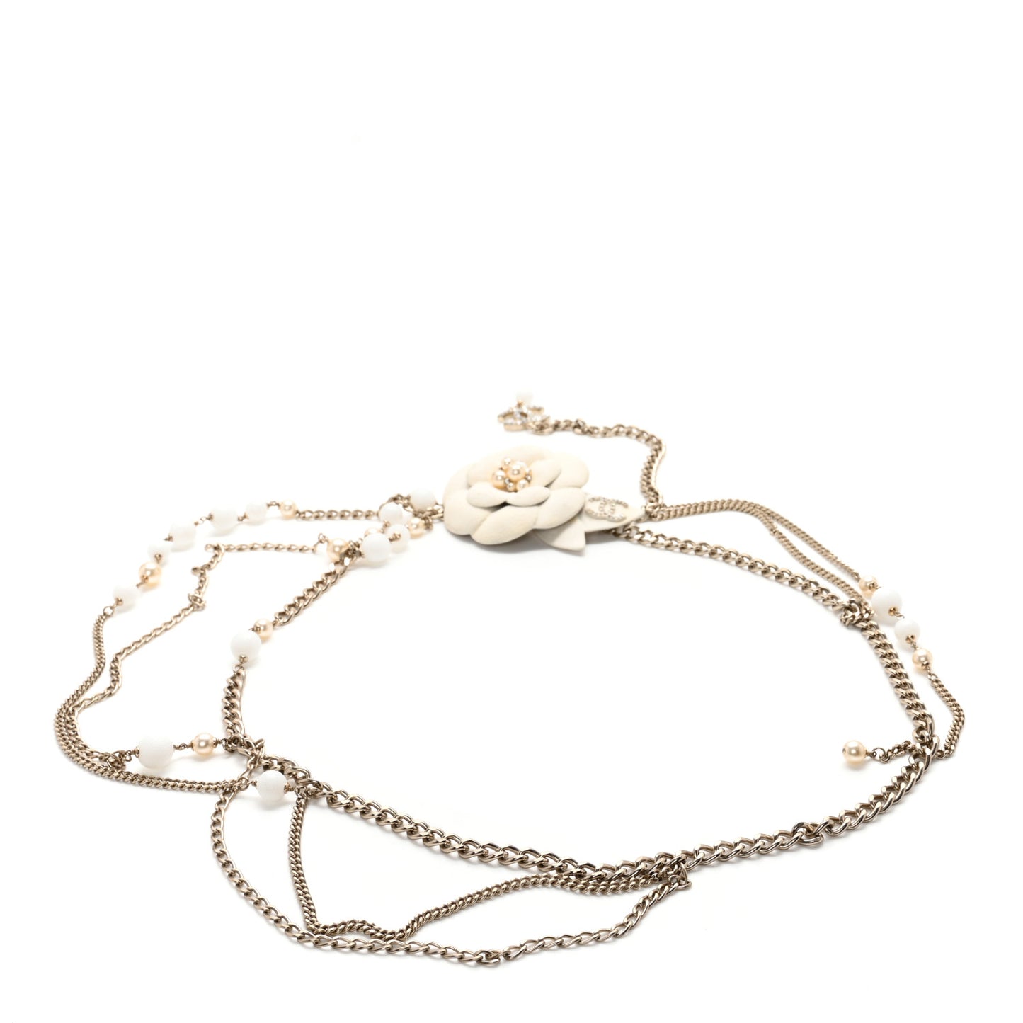 Pearl Crystal Beaded Camellia Chain Belt Gold White