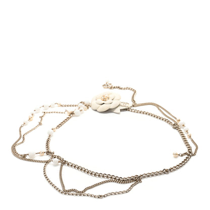 Chanel Pearl Crystal Beaded Camellia Chain Belt Gold White 2 of 7