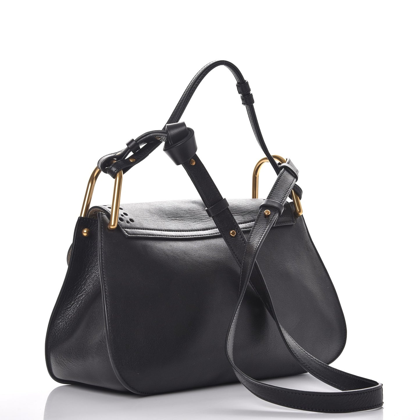 Calfskin Perforated Medium Hudson Double Carry Shoulder Bag Black