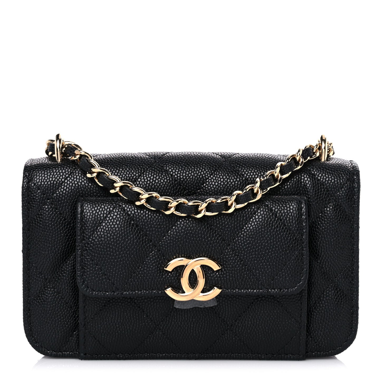 Caviar Quilted Pocket Twins Clutch With Chain Black