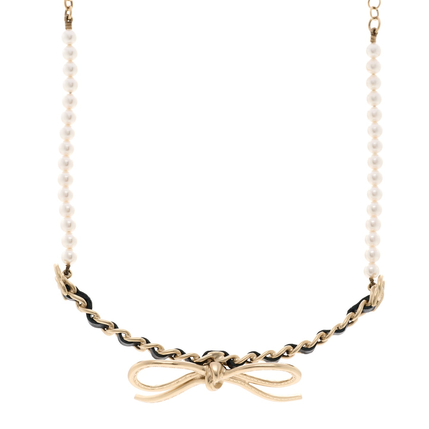 Calfskin Pearl Metal CC Bow Choker Necklace Gold White Black