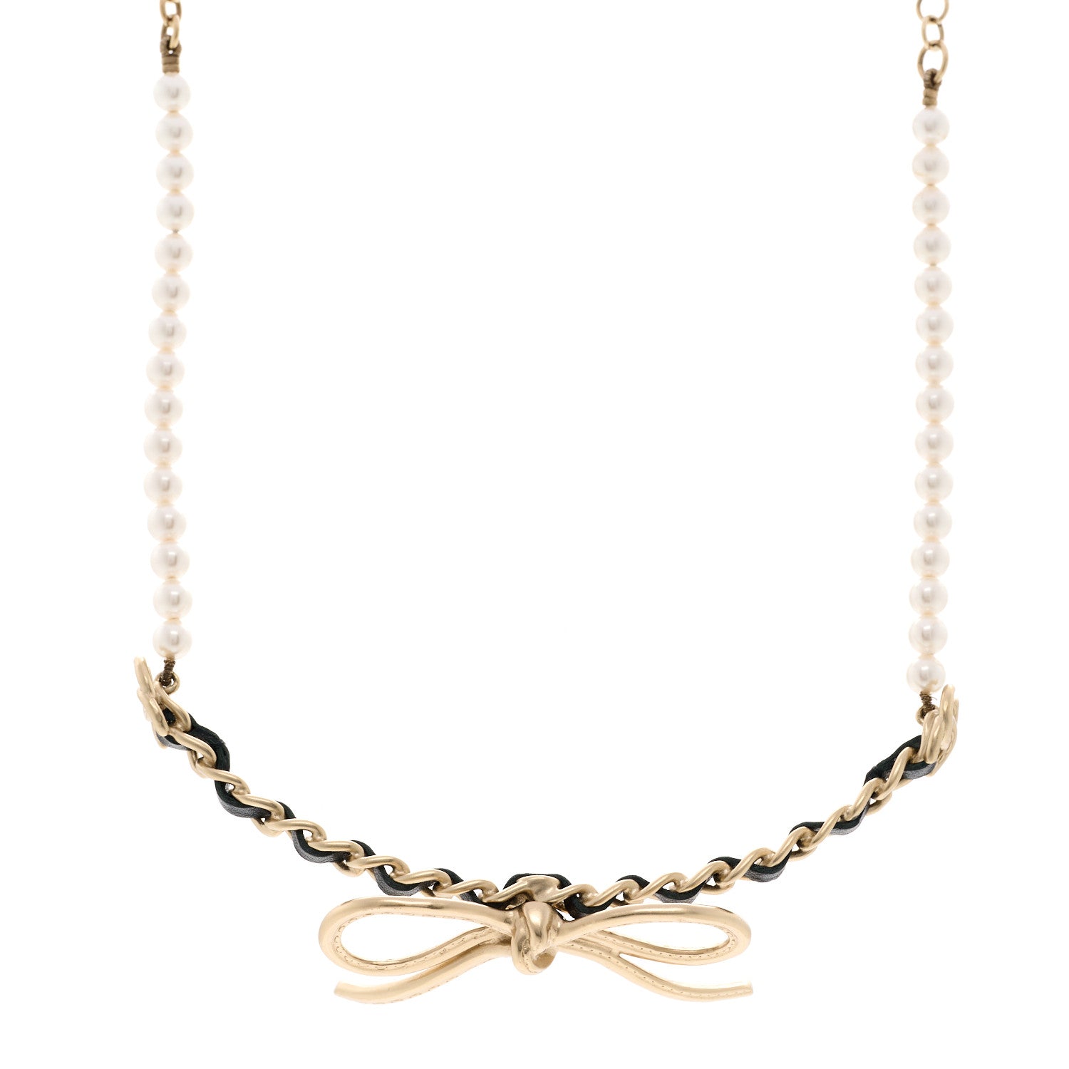 Chanel Calfskin Pearl Metal CC Bow Choker Necklace Gold White Black 1 of 5