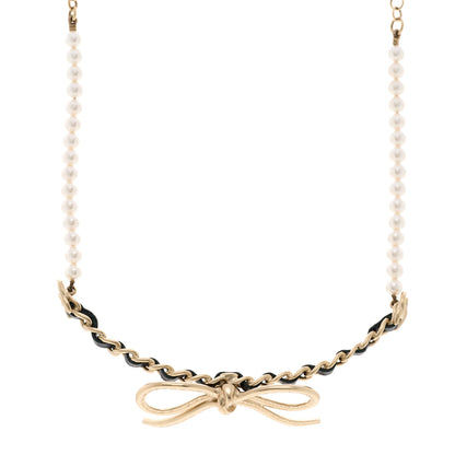 Chanel Calfskin Pearl Metal CC Bow Choker Necklace Gold White Black 1 of 5