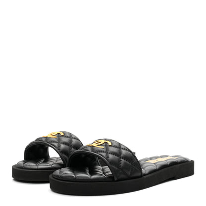Chanel Lambskin Quilted Textured CC Mules Sandals 38.5 Black 4 of 10