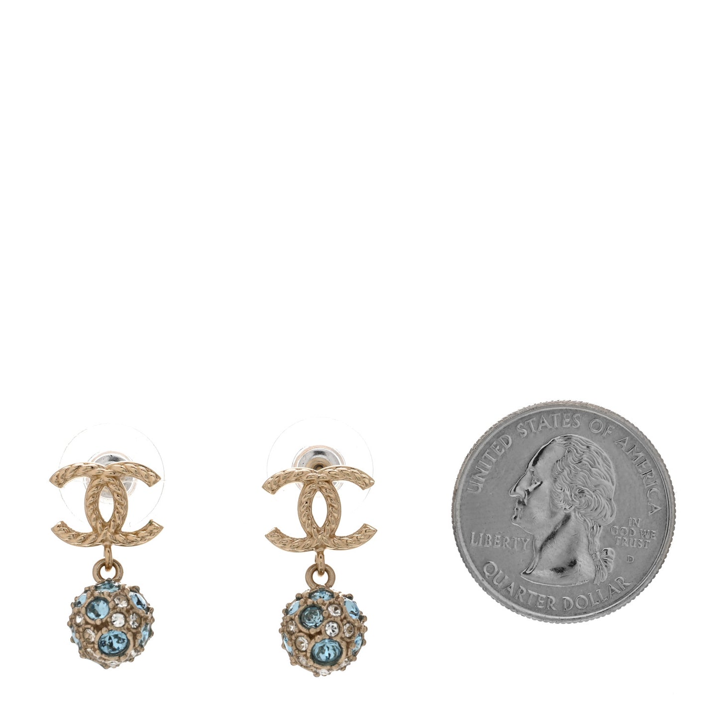 Crystal CC Ball Drop Earrings Gold Blue