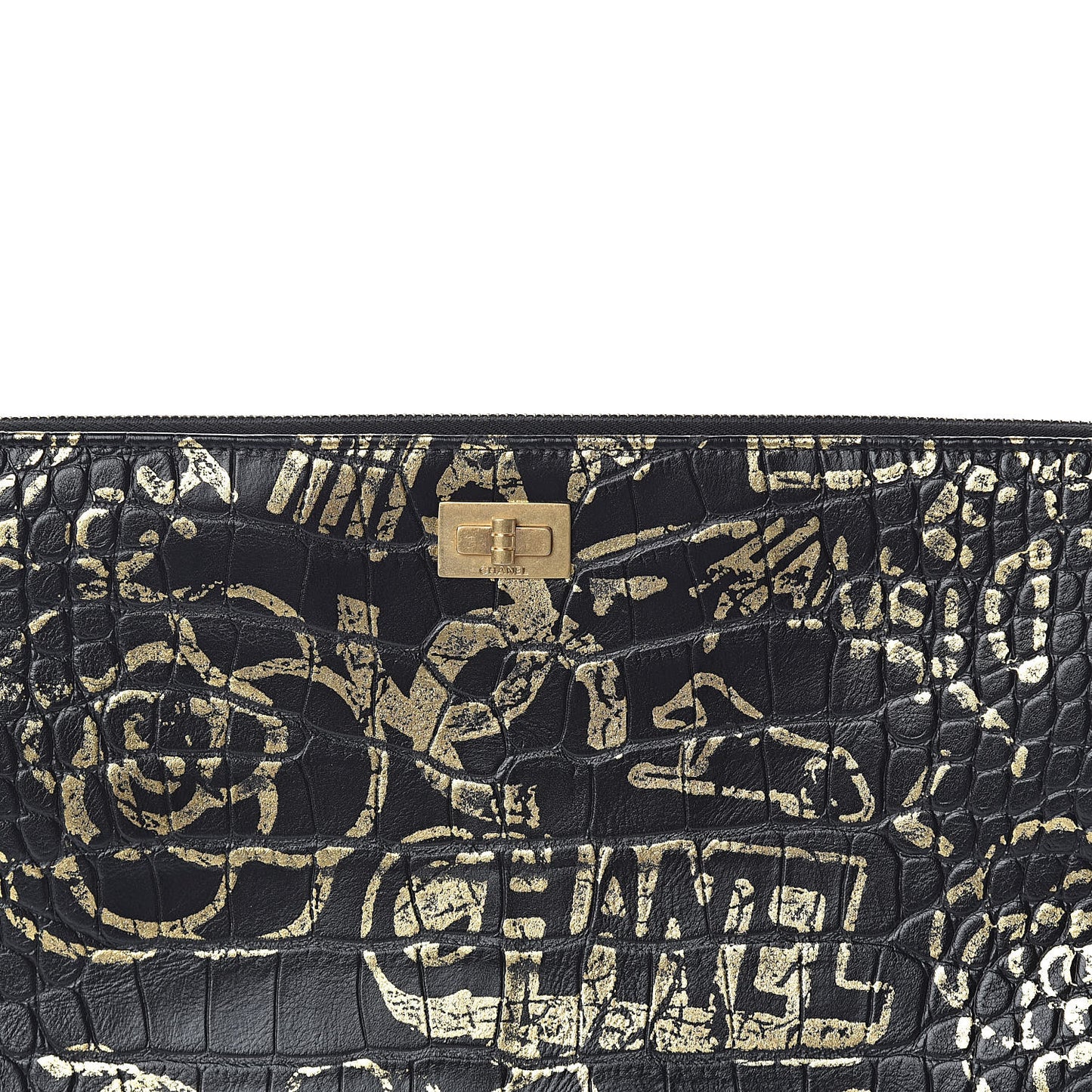 Calfskin Crocodile Embossed Graffiti 2.55 Large Cocodile Reissue Cosmetic Case Black Gold