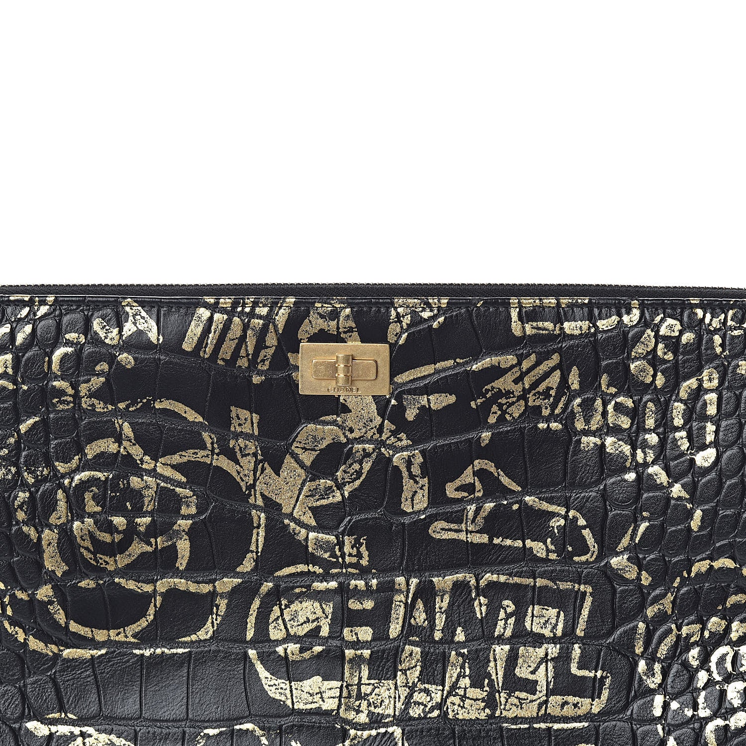 Chanel Calfskin Crocodile Embossed Graffiti 2.55 Large Cocodile Reissue Cosmetic Case Black Gold 10 of 11