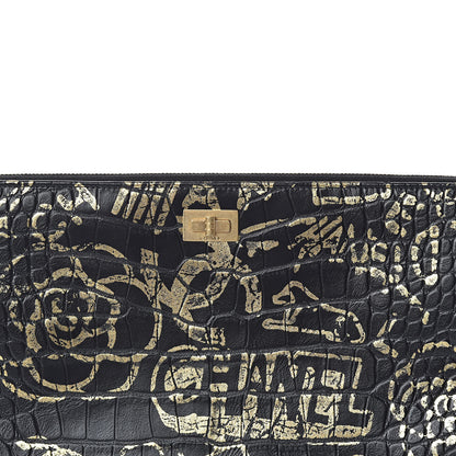 Chanel Calfskin Crocodile Embossed Graffiti 2.55 Large Cocodile Reissue Cosmetic Case Black Gold 10 of 11