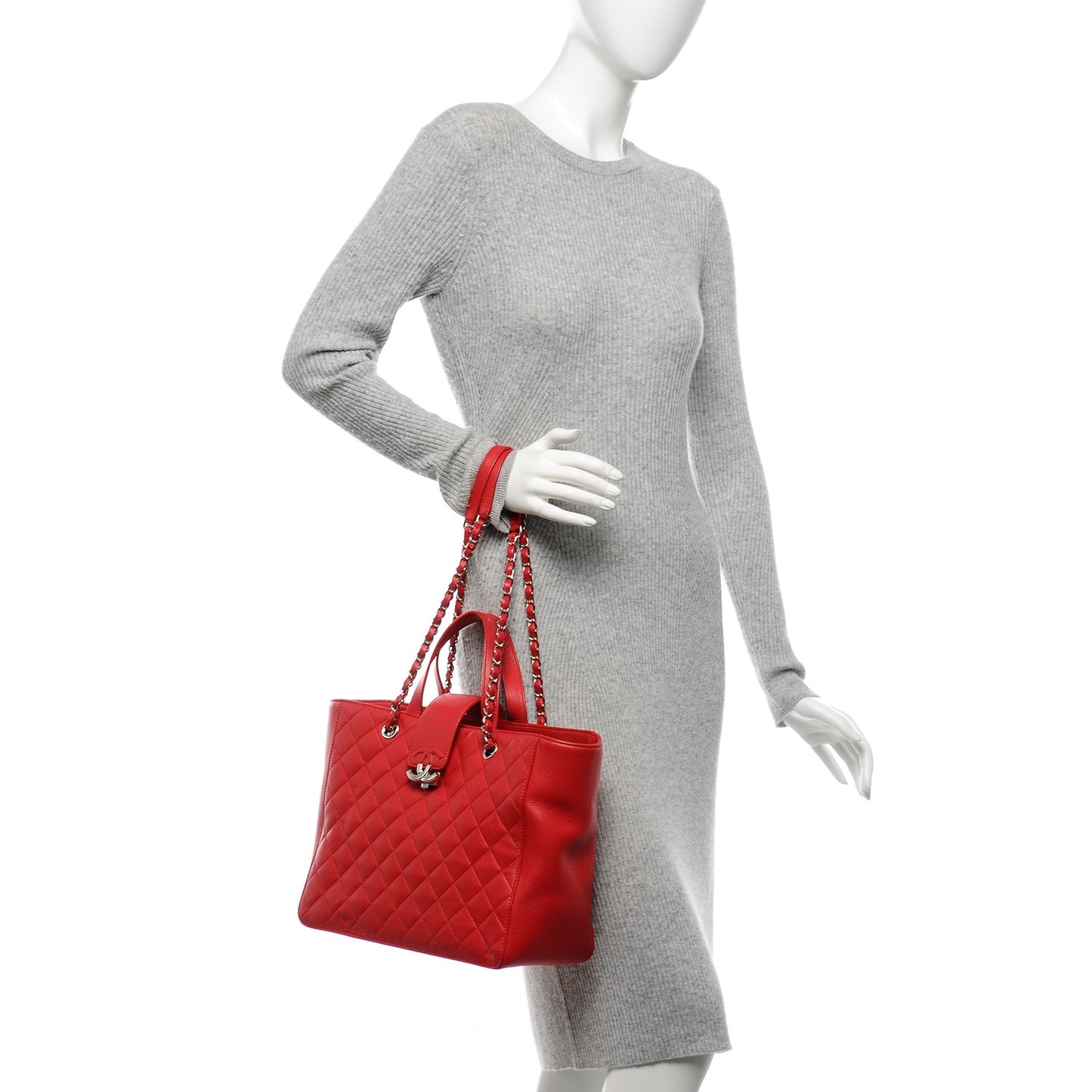 Caviar Quilted Large CC Box Shopping Tote Red