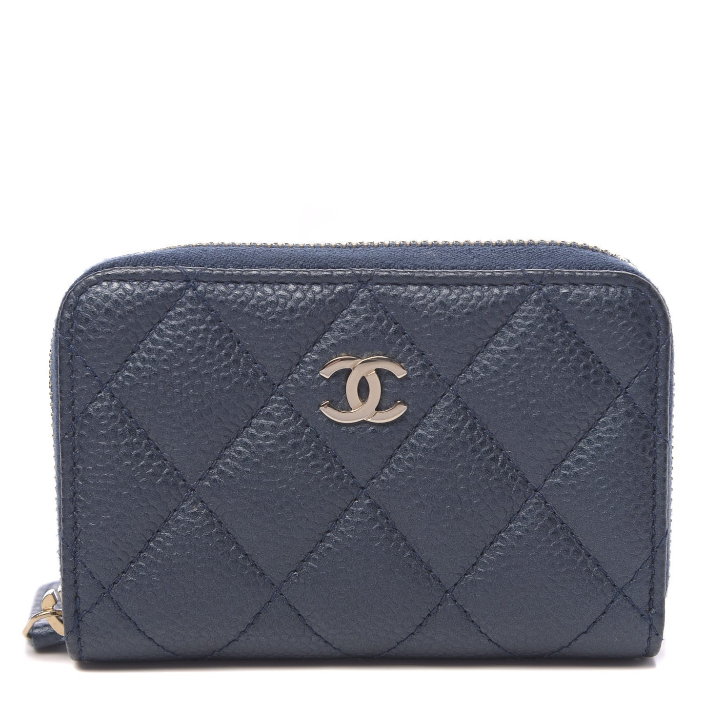 Metallic Caviar Quilted Zip Coin Purse Dark Blue