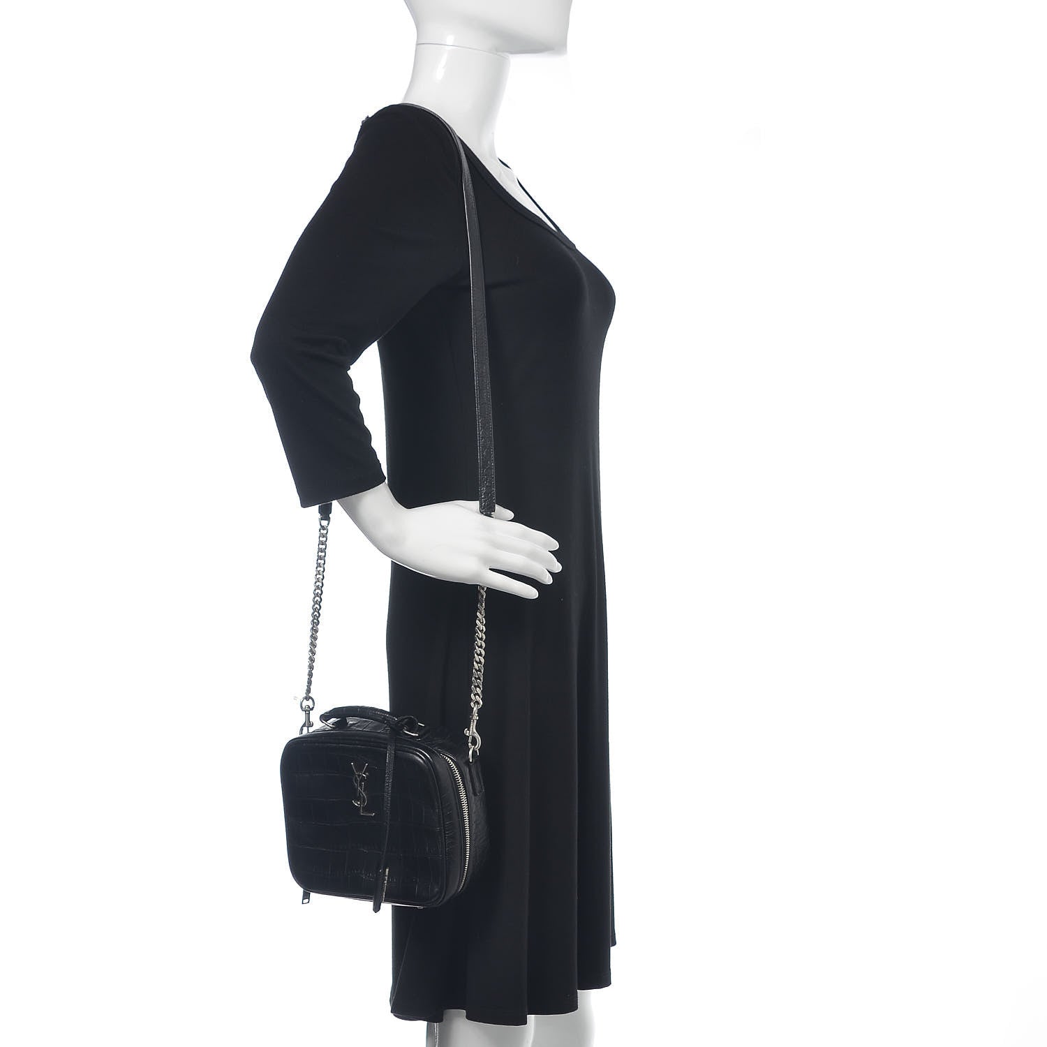 Saint Laurent Calfskin Crocodile Embossed Monogram Lunch Box Bag Black 2 of 10