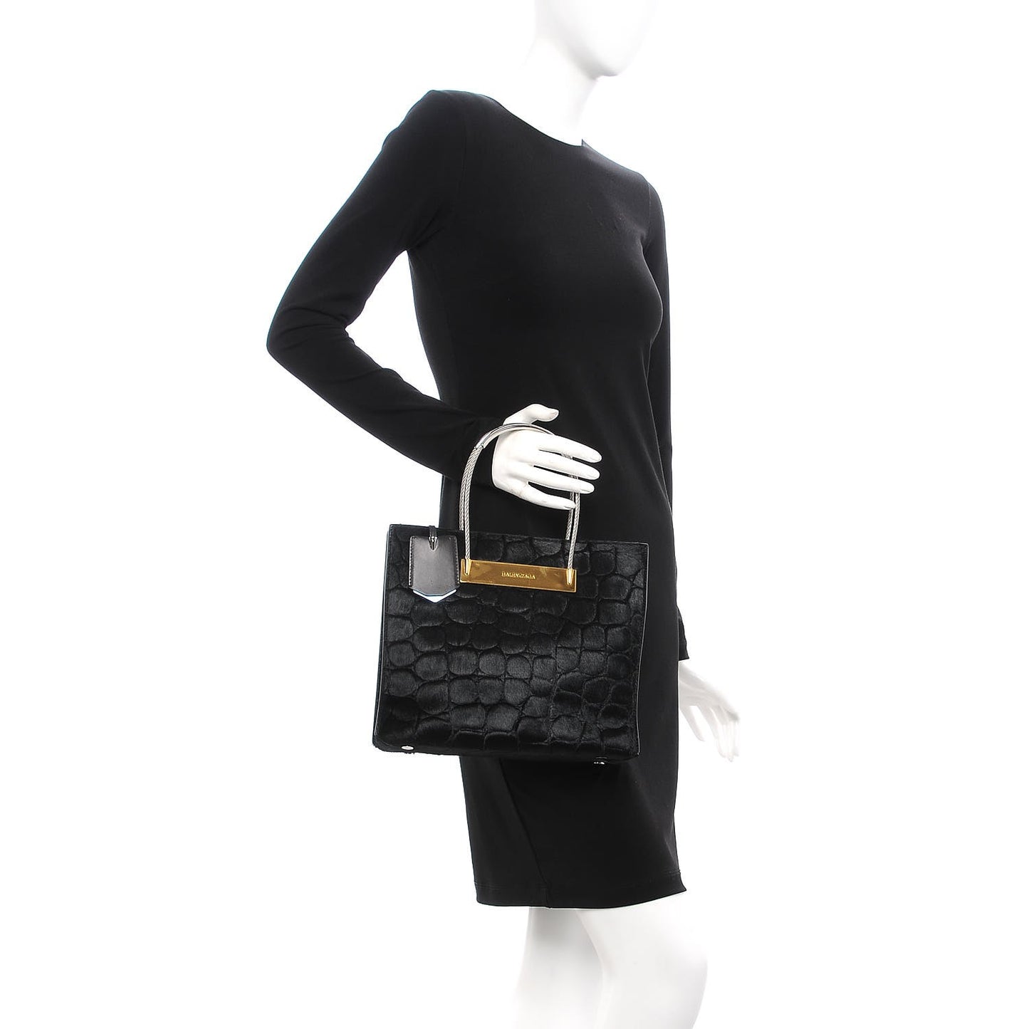 Calf Hair Crocodile Embossed Small Cable Shopper Tote Black