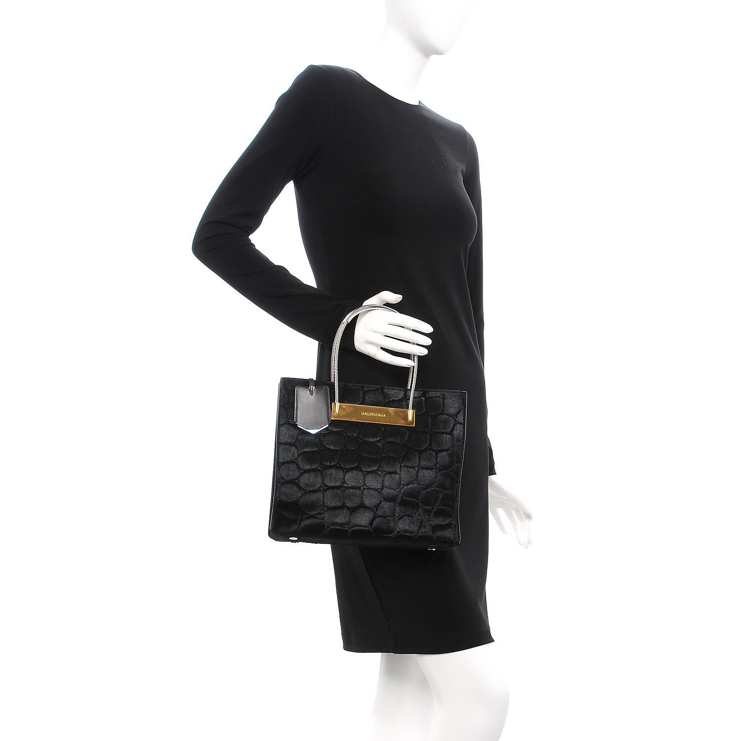 Balenciaga Calf Hair Crocodile Embossed Small Cable Shopper Tote Black 2 of 7