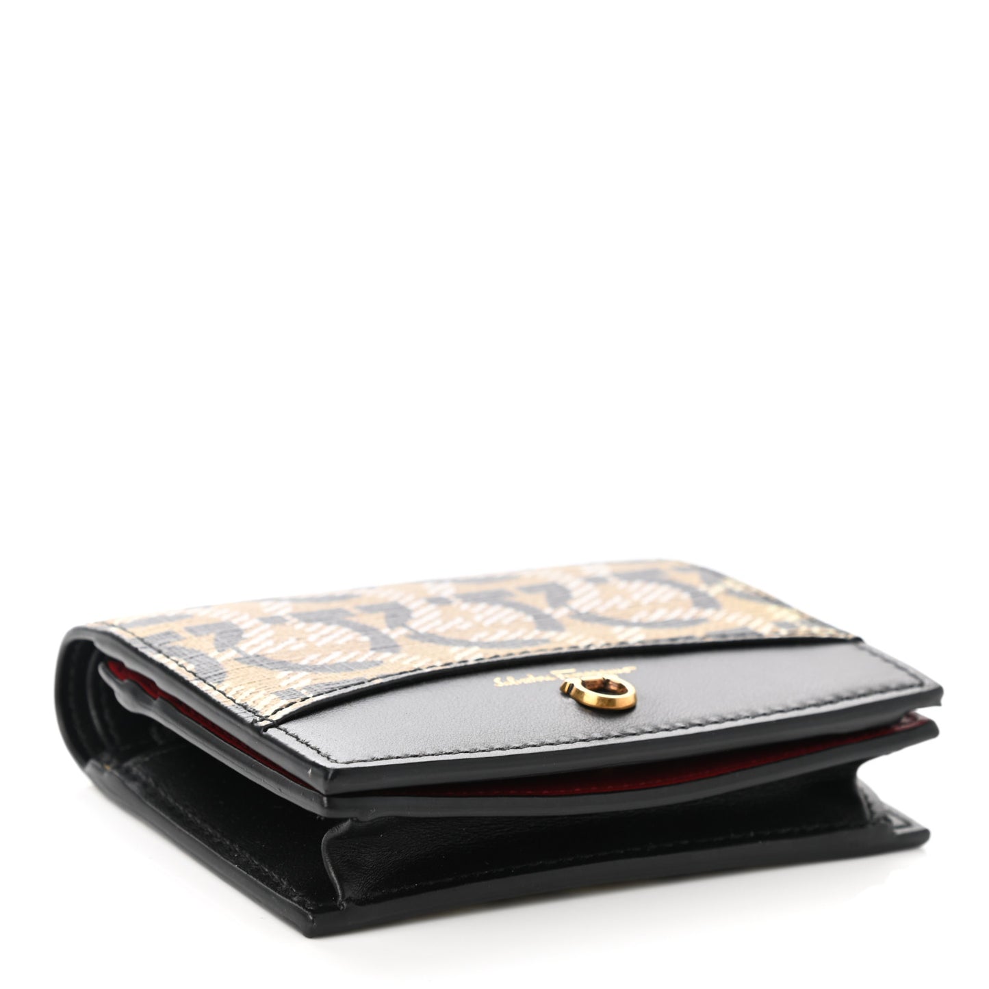 Canvas Calfskin Gancini Card Holder Wallet Black Beige