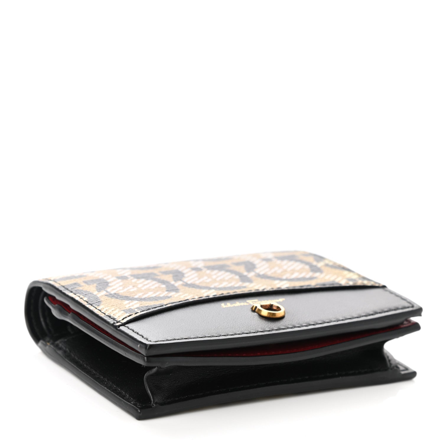 Salvatore Ferragamo Canvas Calfskin Gancini Card Holder Wallet Black Beige 4 of 8