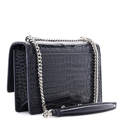 Saint Laurent Calfskin Crocodile Embossed Monogram Sunset Chain Wallet Navy 3 of 11