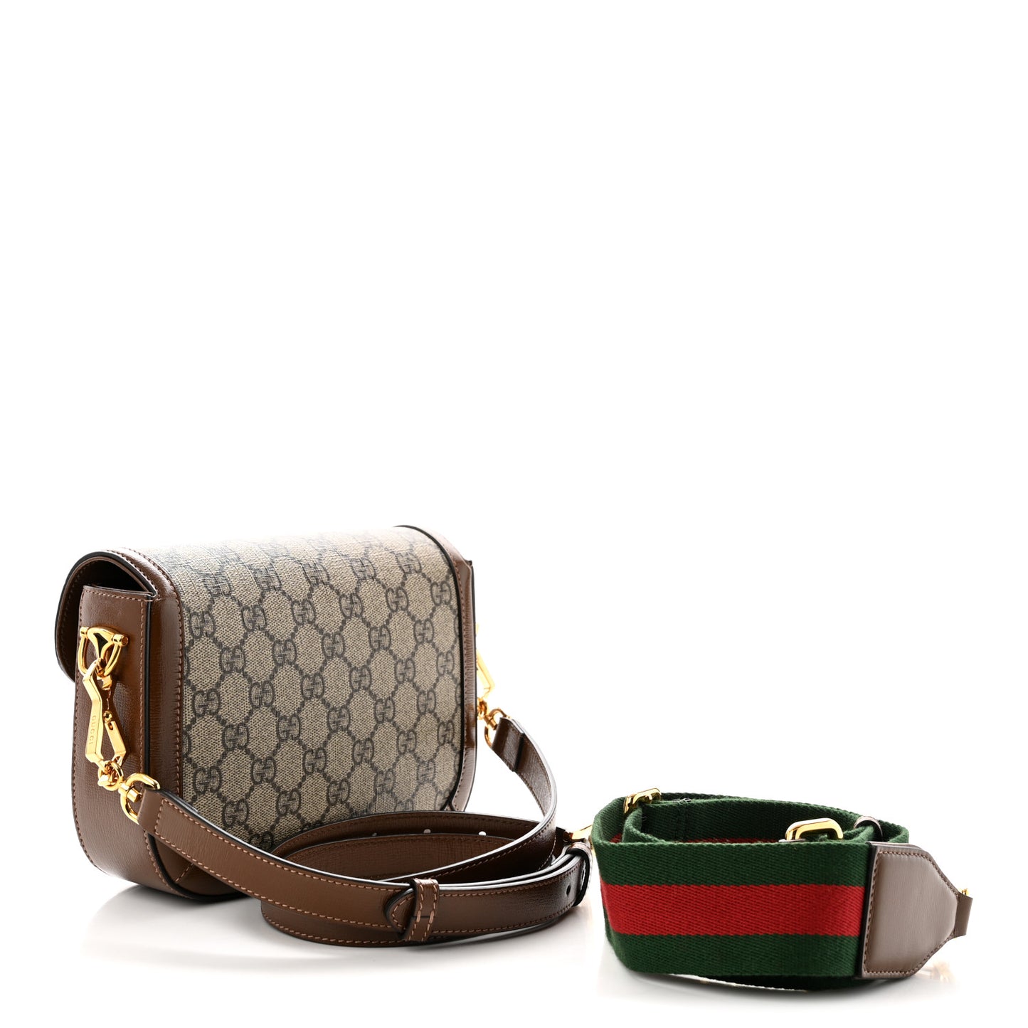 GG Supreme Monogram Azalea Calfskin Web Mini Horsebit 1955 Shoulder Bag Beige Ebony Brown Sugar