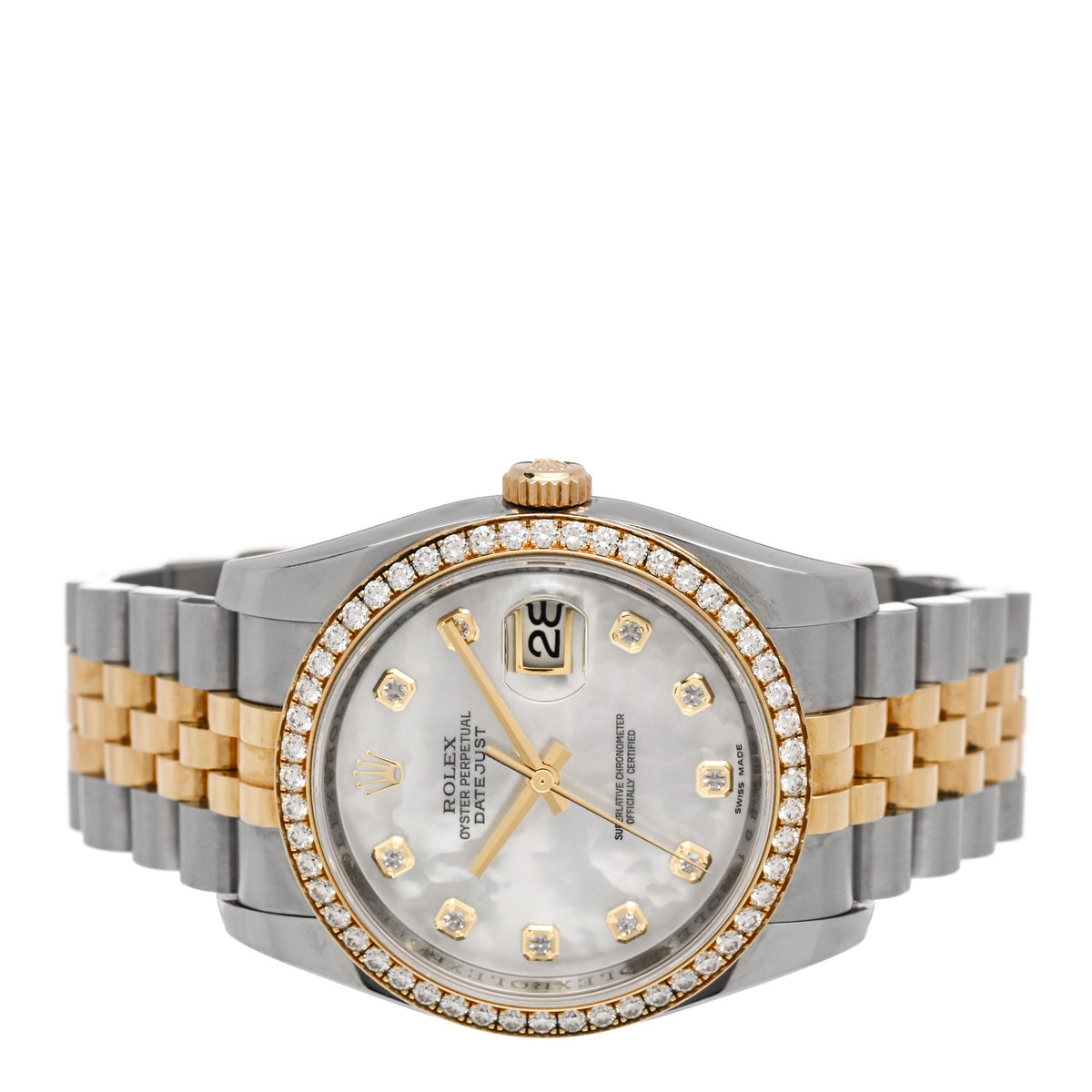 Stainless Steel 18K Yellow Gold Diamond Mother of Pearl 36mm Oyster Perpetual Datejust Watch 116243