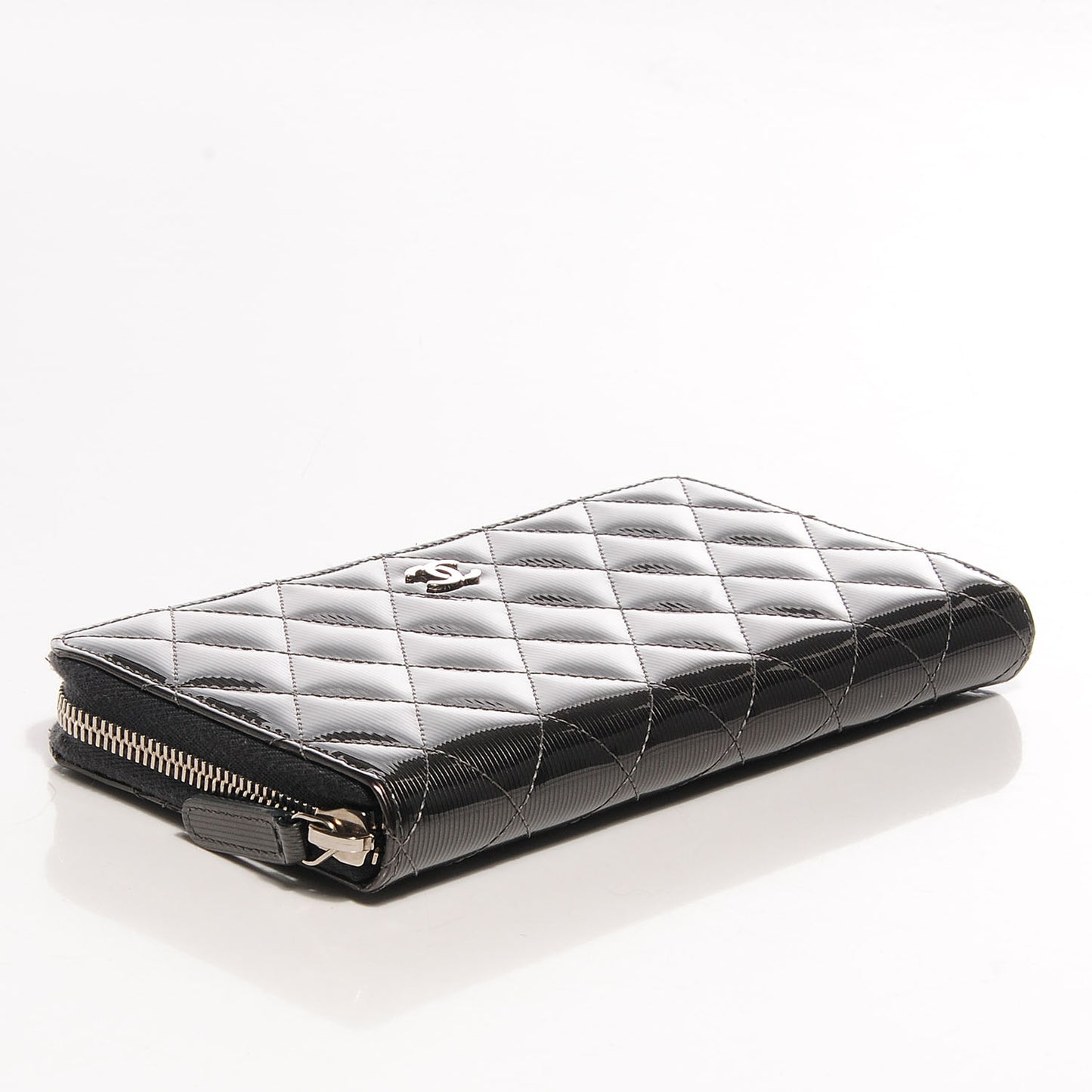 Striated Patent Zip Around Wallet Dark Grey