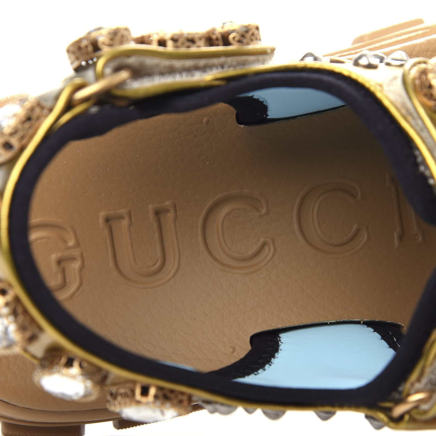 Gucci Silk Calfskin Mesh Crystal Embellished Studded Womens Aguru Sandals 39 Gold 8 of 11