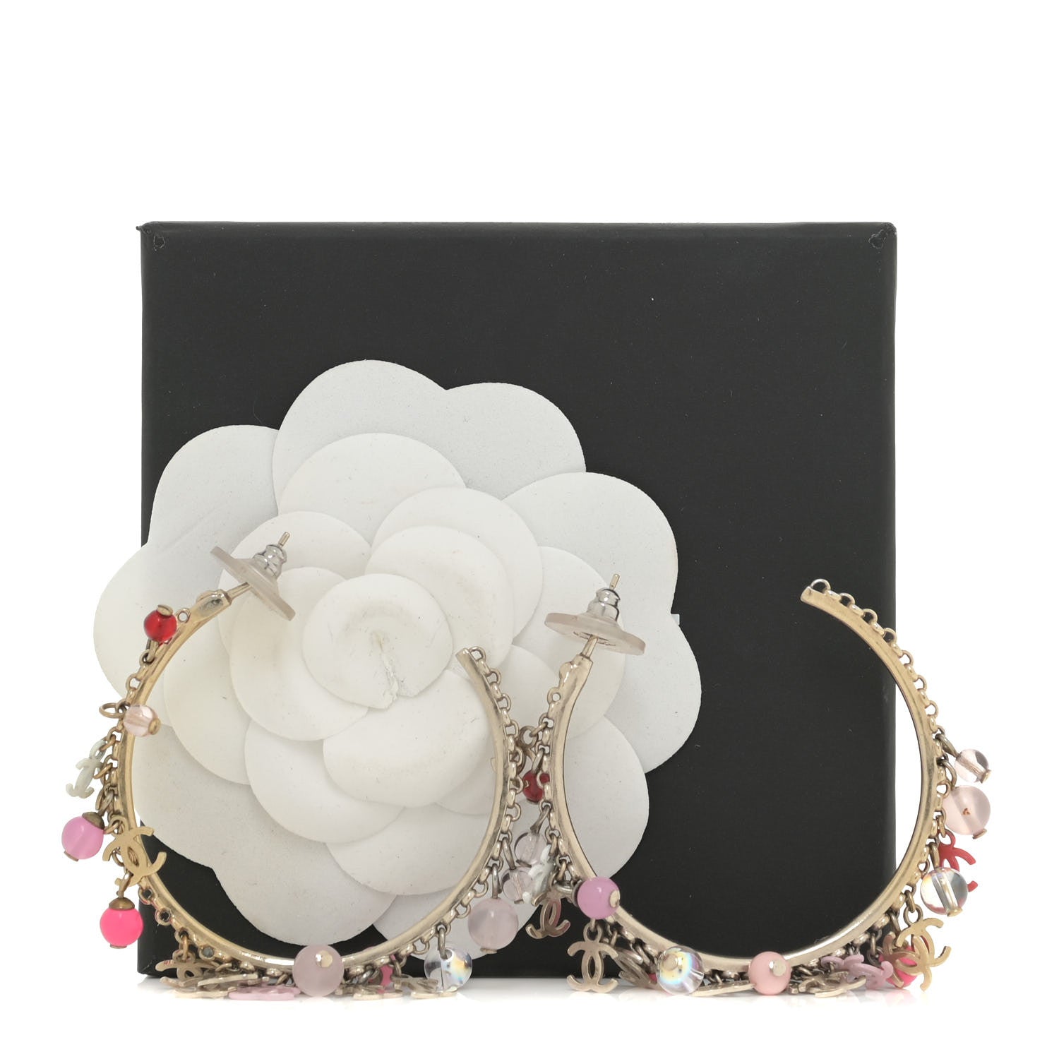 Chanel Crystal Bead CC Charm Hoop Earrings Pink Gold 7 of 7