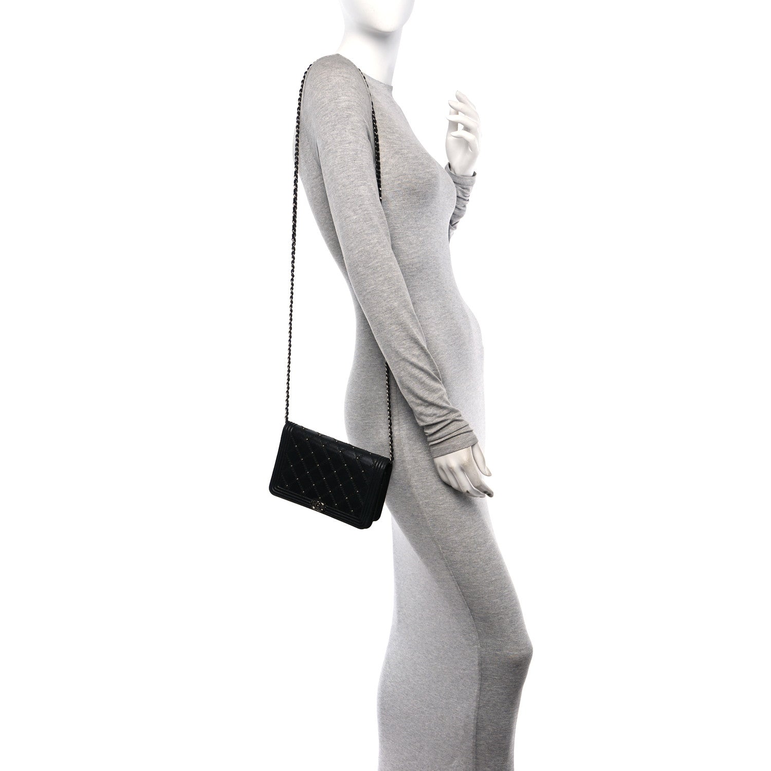 Chanel Calfskin Quilted Studded Boy Wallet On Chain WOC Black 2 of 11