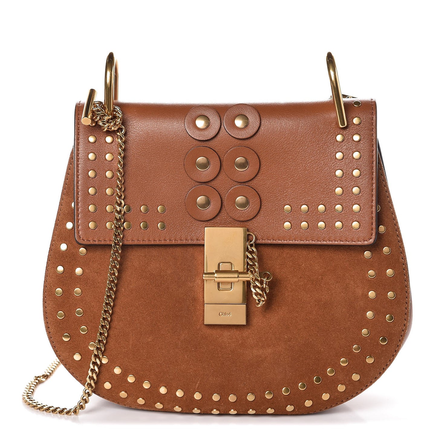 Suede Smooth Calfskin Studded Drew Shoulder Bag Caramel