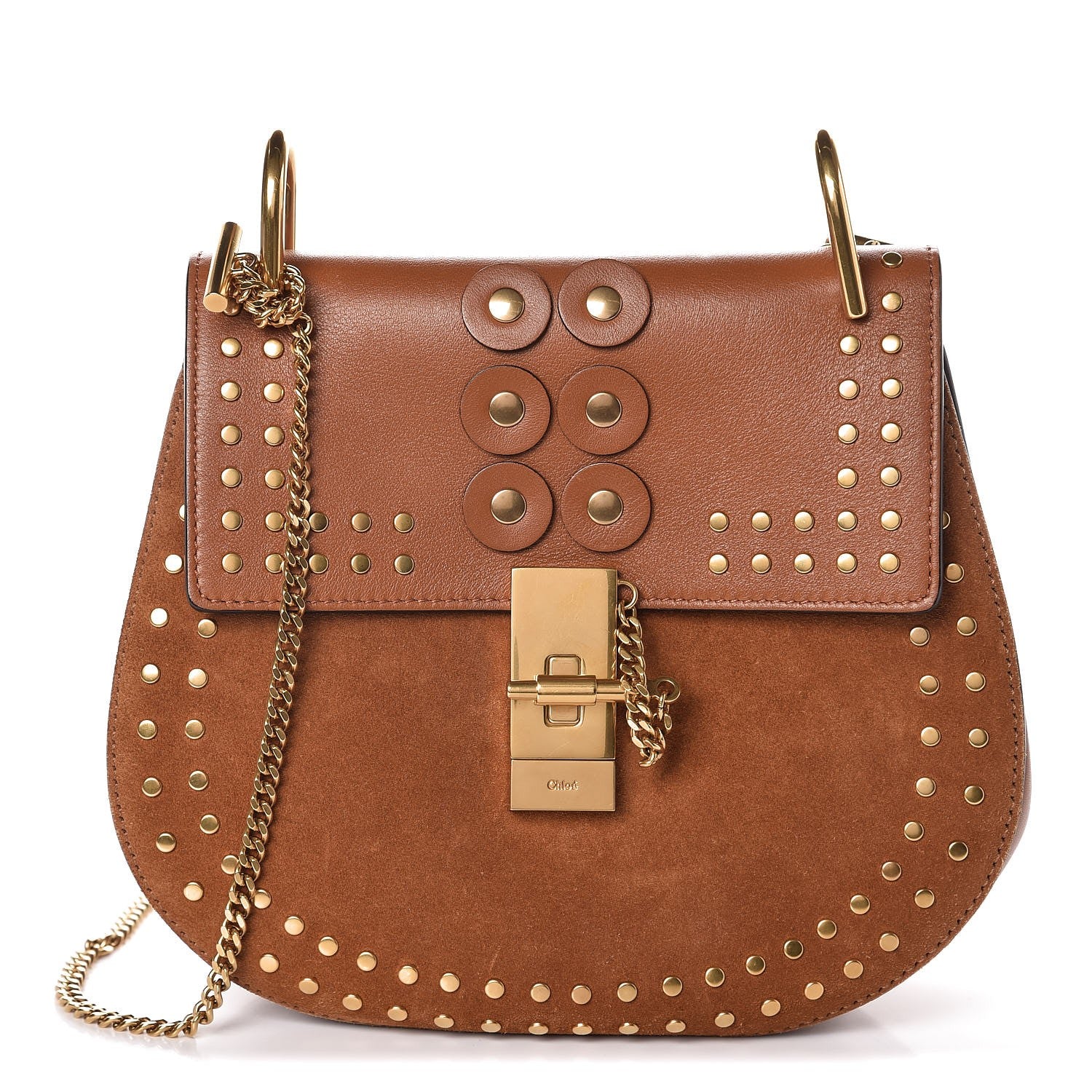 Chloe Suede Smooth Calfskin Studded Drew Shoulder Bag Caramel 1 of 10