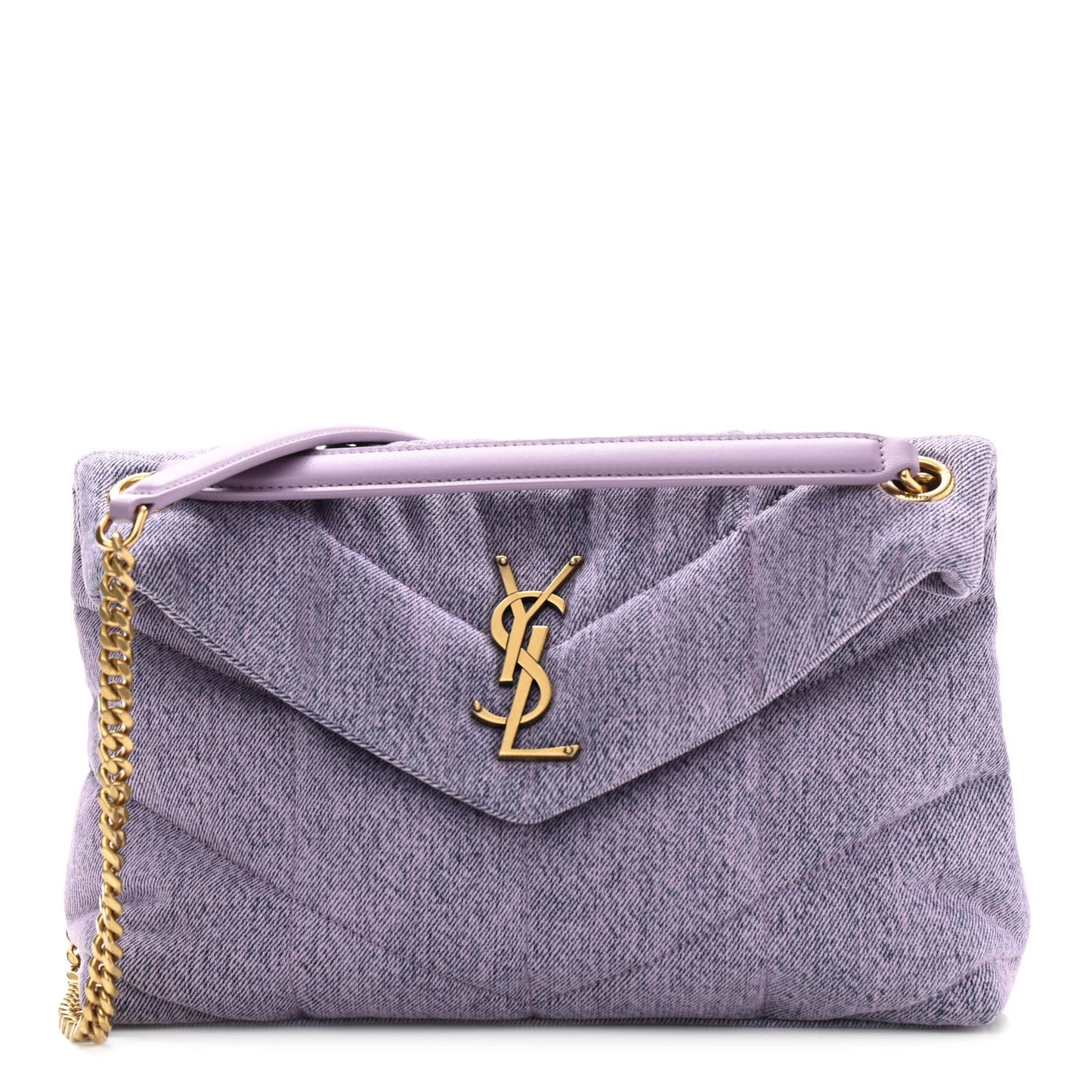 Denim Quilted Small Loulou Puffer Monogram Chain Satchel Bleached Lilac