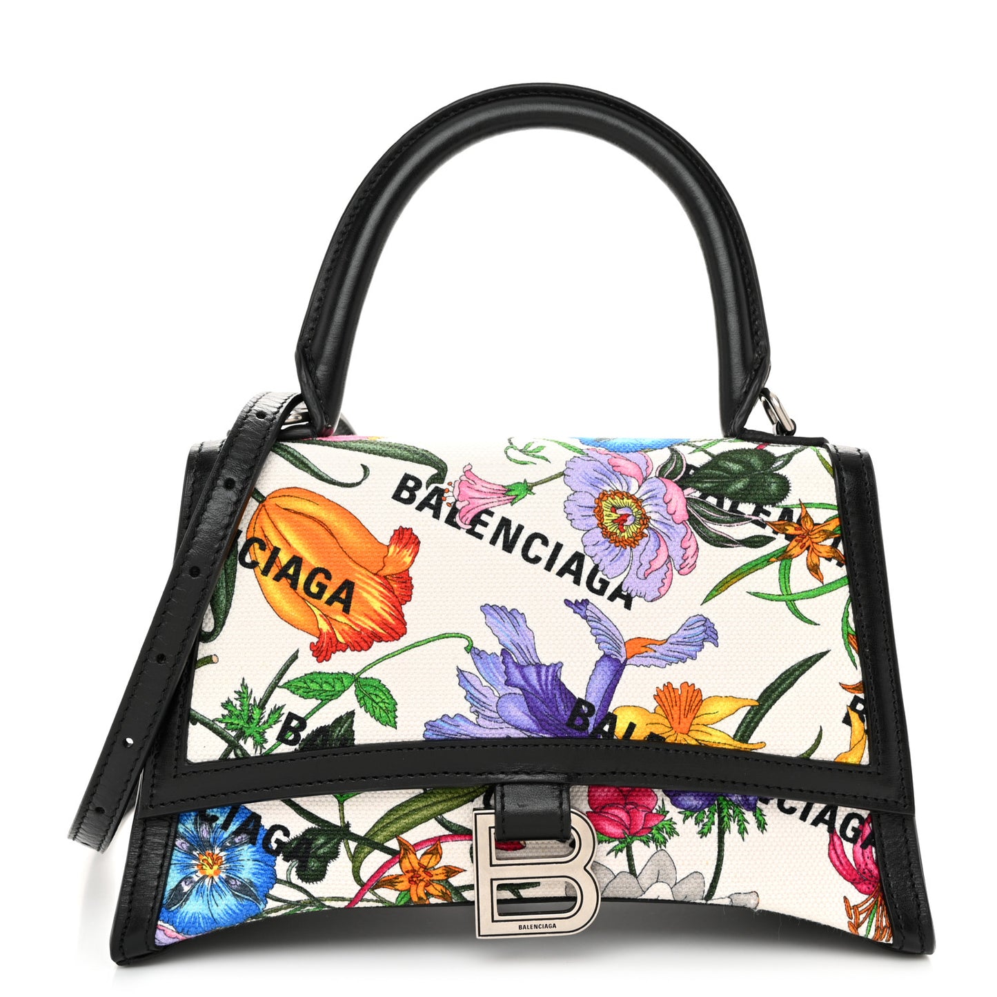 X GUCCI Canvas Boarded Plutone Calfskin Flora Logo Print Small Hourglass Top Handle Bag White Multicolor Black