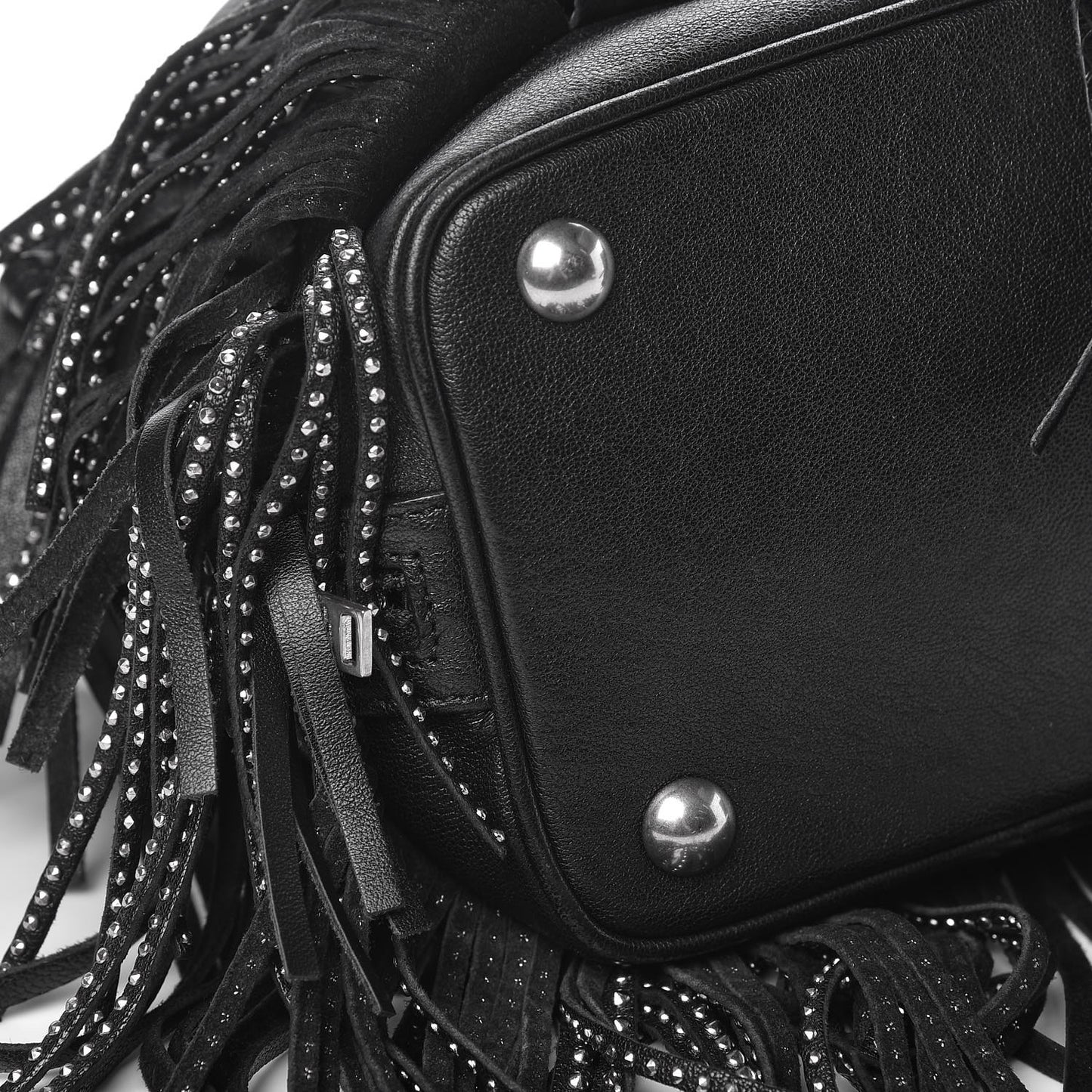 Calfskin Studded Small Emmanuelle Fringe Bucket Bag Black