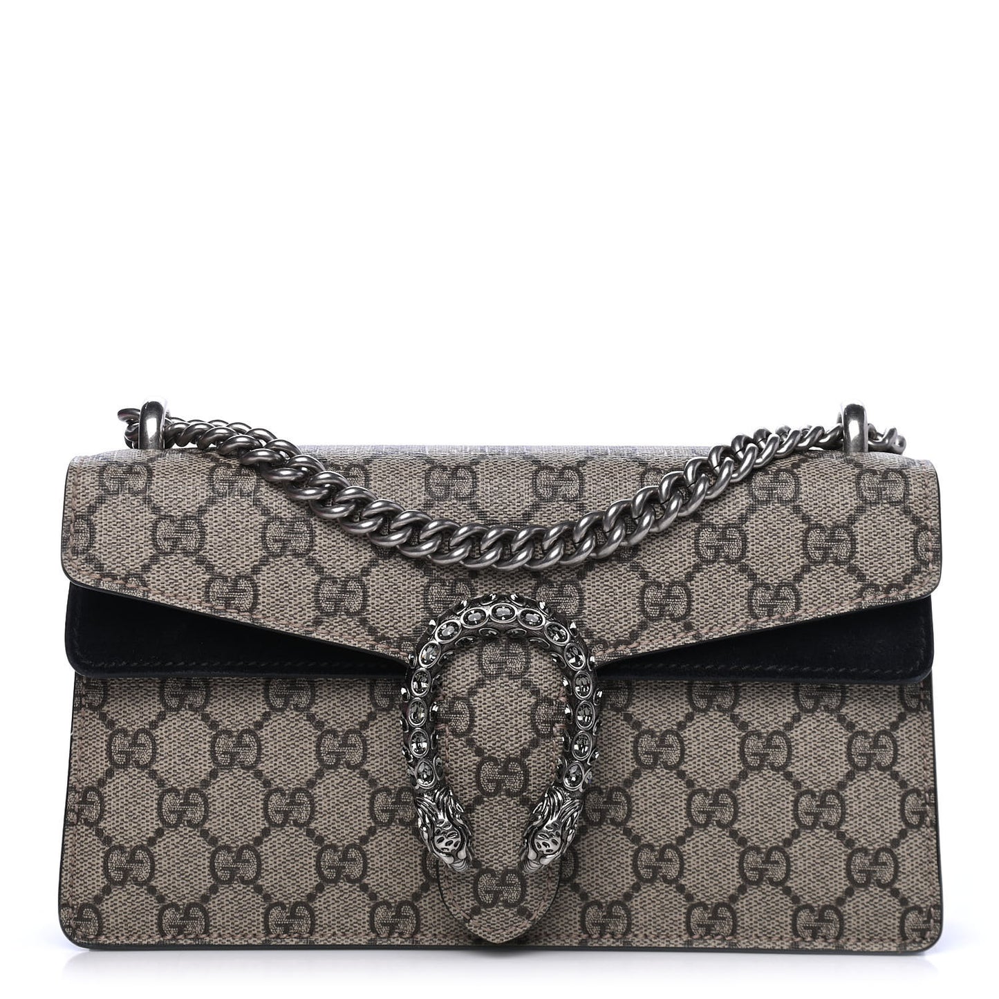 GG Supreme Monogram Suede Crystal Small Dionysus Shoulder Bag Beige Ebony Black
