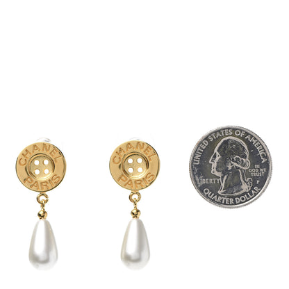 Chanel Metal Pearl Paris Button Drop Earrings Gold 2 of 5