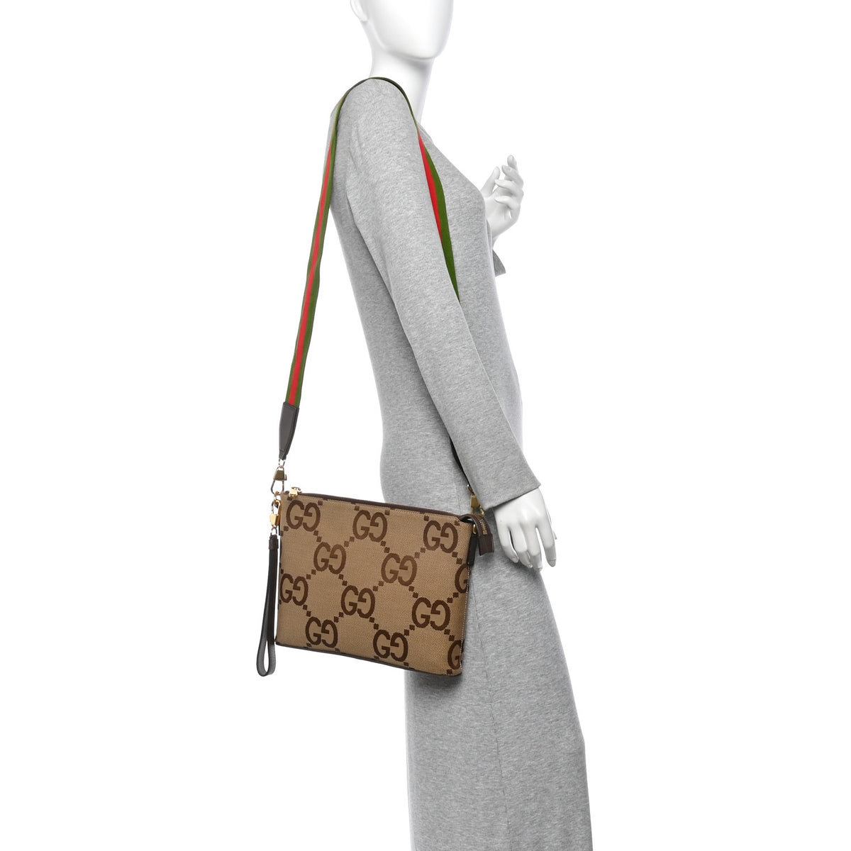 Gucci Monogram Jumbo GG Textured Dollar Calfskin Web Wristlet Messenger Bag Camel Ebony New Acero 2 of 11